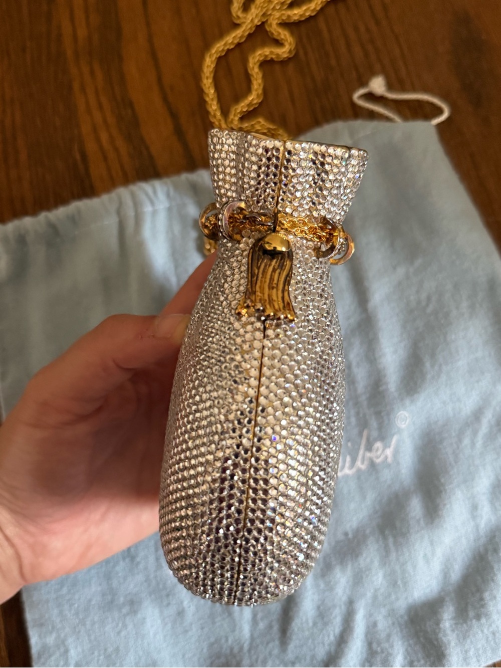 Judith Leiber Silver Crystal Drawstring Minaudière with Gold Chain Strap - Picture 7 of 8